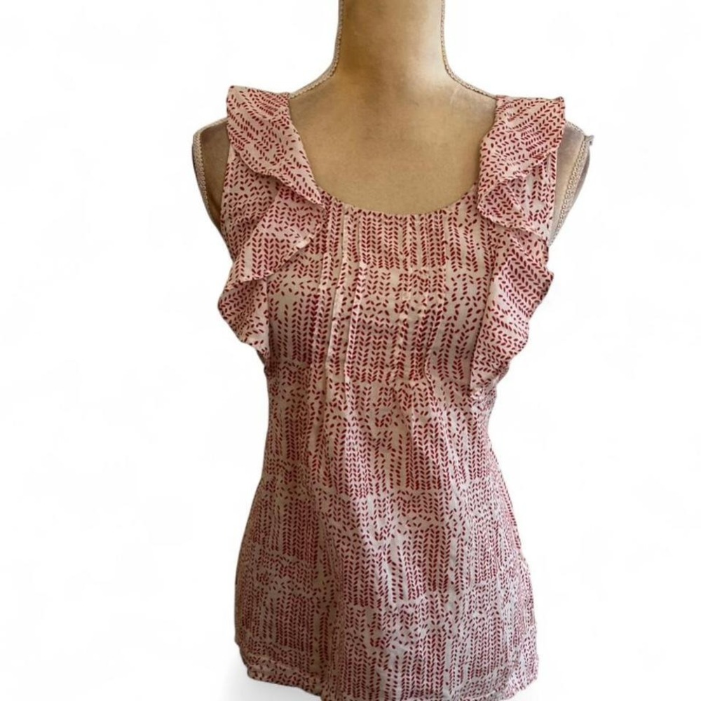 Edme & Esyllte Anthropologie Red Cream Ruffle Pintuck Sleeveless Blouse Size 2